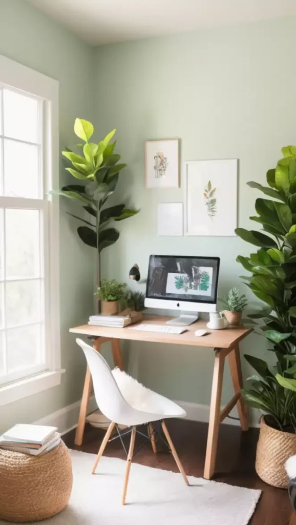 Pale green wall office styled with framed botanical prints and leafy plants