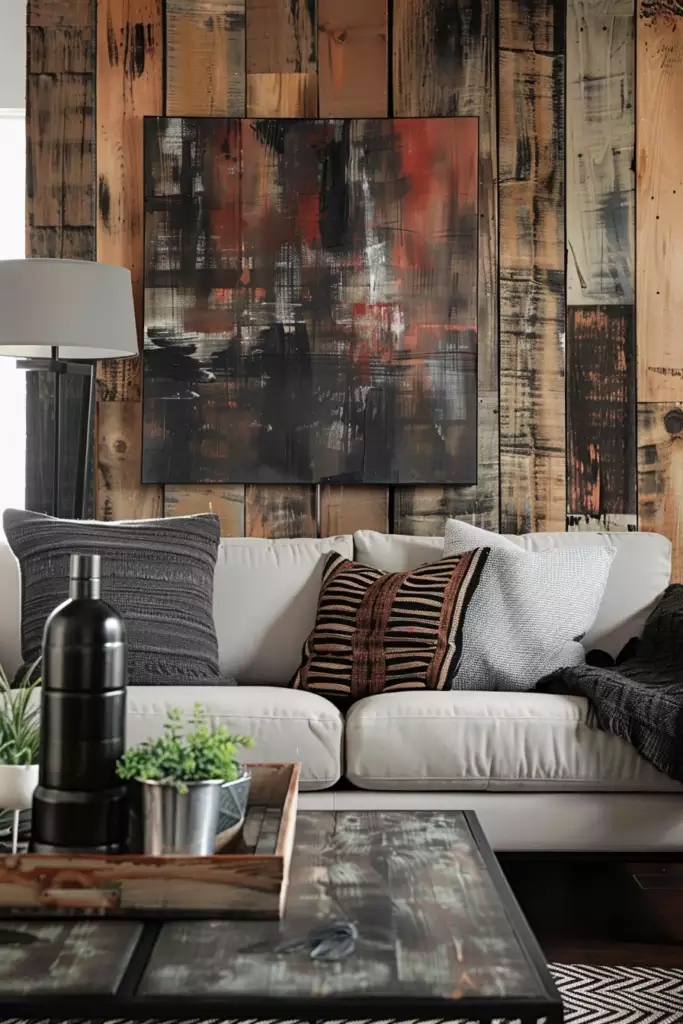 Pale sofa against a dark abstract on a reclaimed-wood above sofa wall