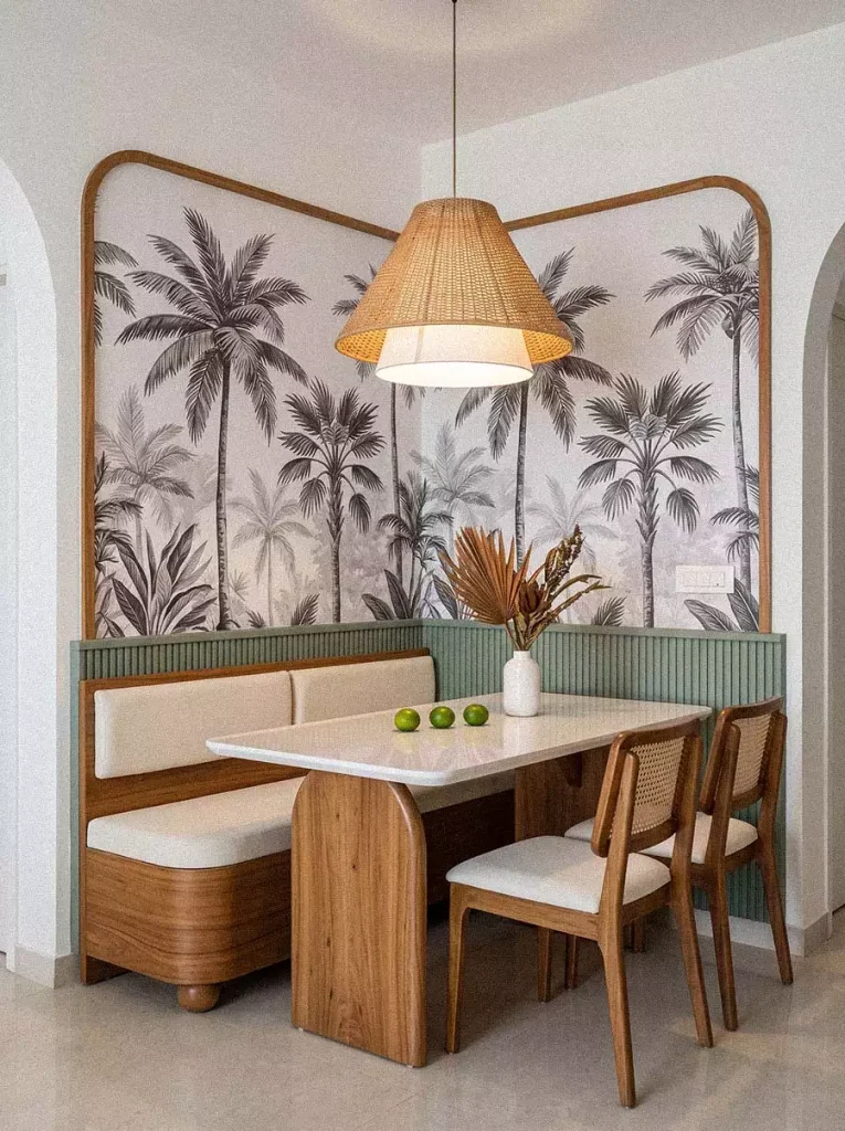 Palm Print Wallpaper Wall Corner Decor In Cozy Banquette Dining Nook