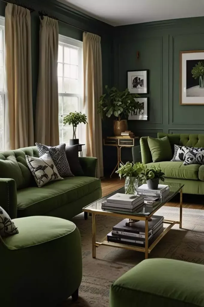  Paneled green walls with twin emerald sofas, cream curtains, and a gold glass coffee table