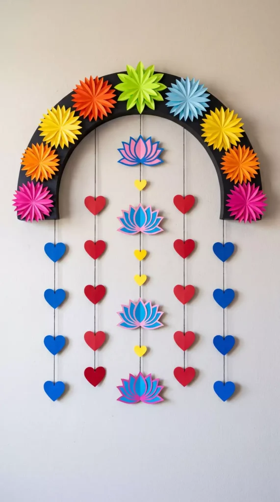 Paper flower arch with lotus and heart garlands as colorful Diwali wall decor