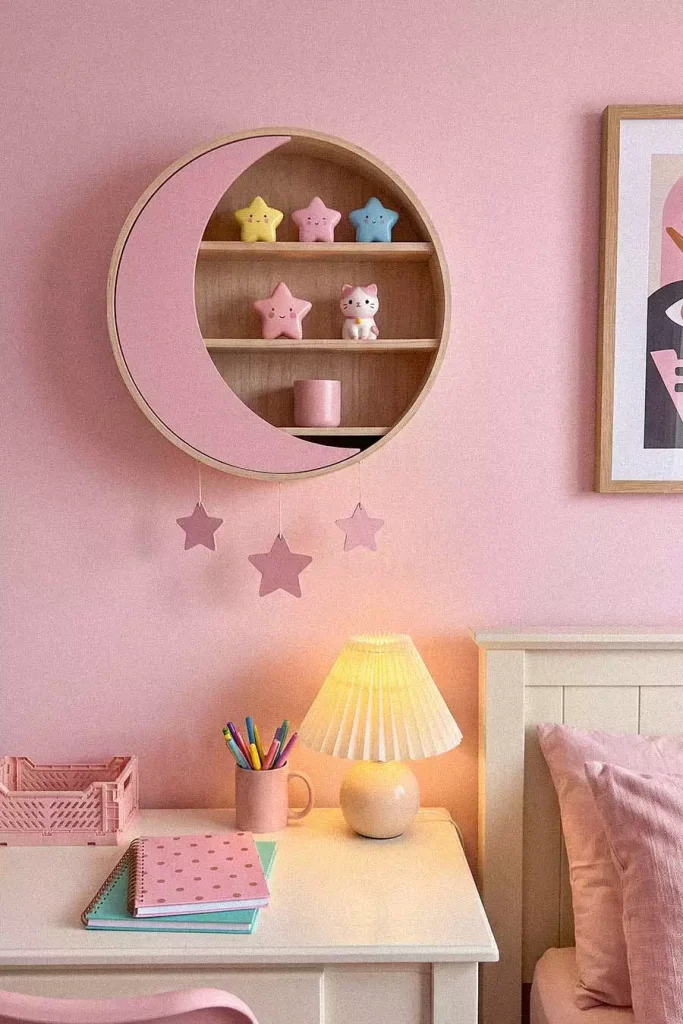 Pastel Pink Wall Decor Moon Shelf Above A Cozy Bedroom Desk Nook