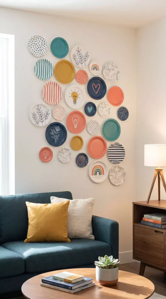 Pastel plate wall decor with polka dot, stripe, and line-art designs above a teal sofa