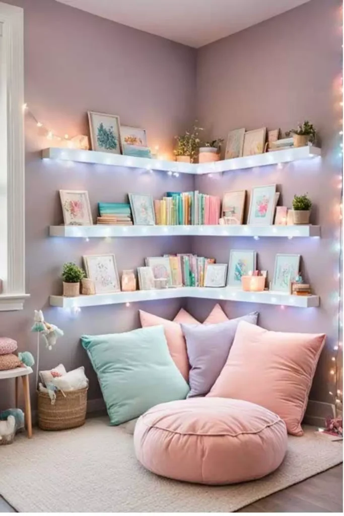 Pastel Reading Nook Corner With Glowing Floating Bookshelves And Pink Mint And Lavender Pillows