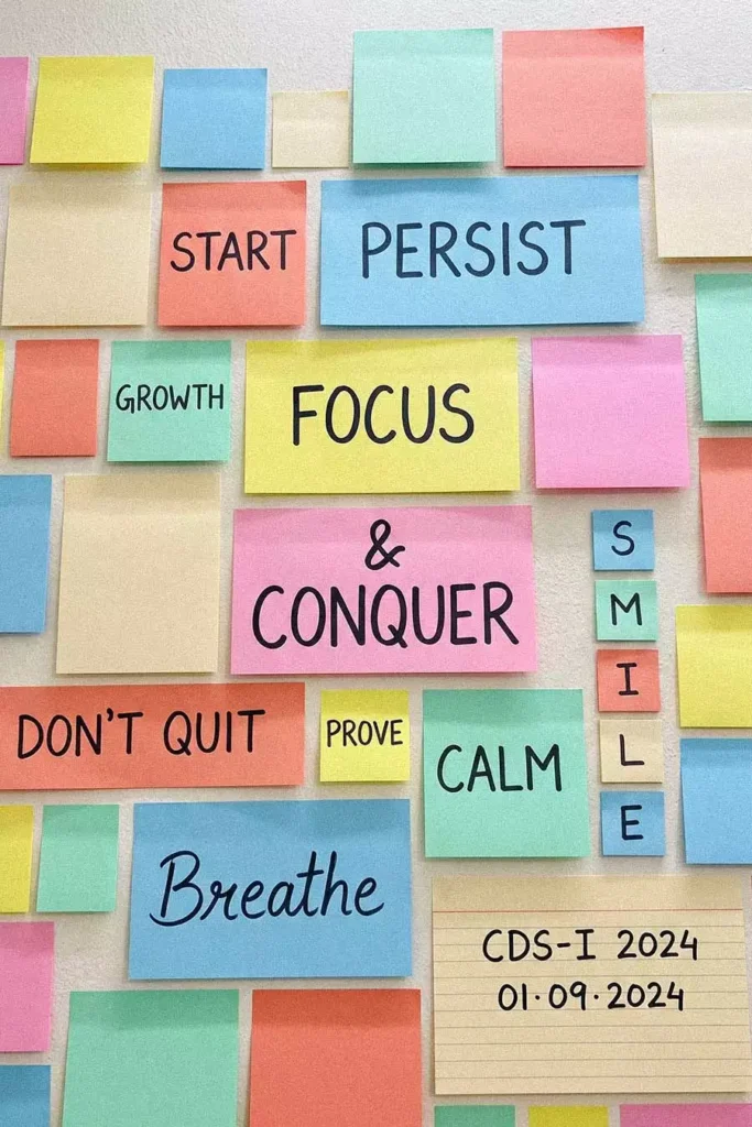 Pastel Sticky Notes Wall Collage in Mixed Sizes with Motivational Words for Students and a Lined Exam Date Note