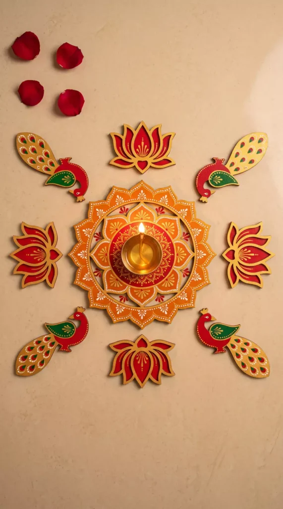 Peacock and lotus motif floor layout with a diya, complementing Diwali wall decor nearby