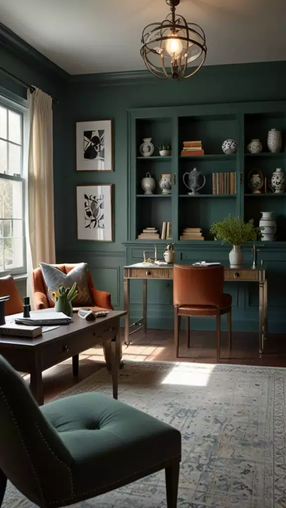 Pewter green wall office with a built-in bookcase and orange accent chair
