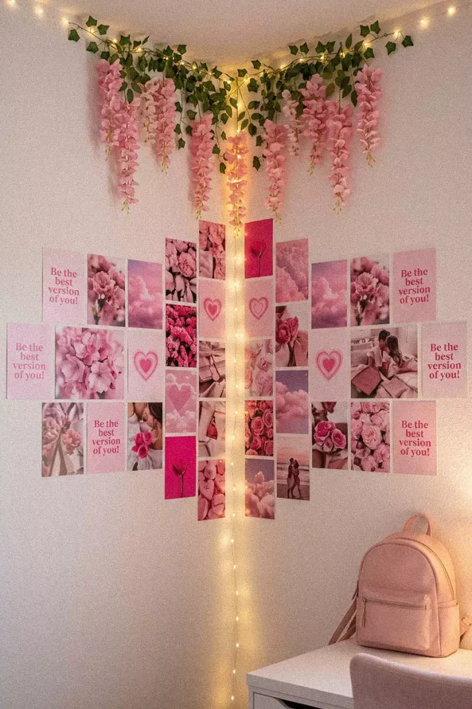 Pink Aesthetic Wall Decor Corner With Hanging Florals And Fairy Lights