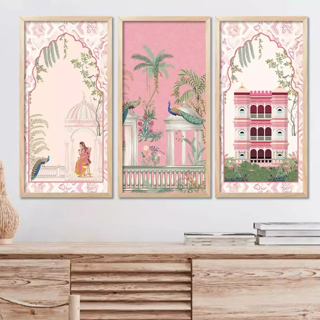 Pink Jaipur style triptych, Indian wall decor featuring a palace facade, peacocks, and a woman under an archway