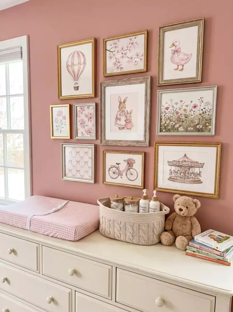 Pink nursery wall decor gallery of gold and silver framed prints above a changing table with a gingham pad