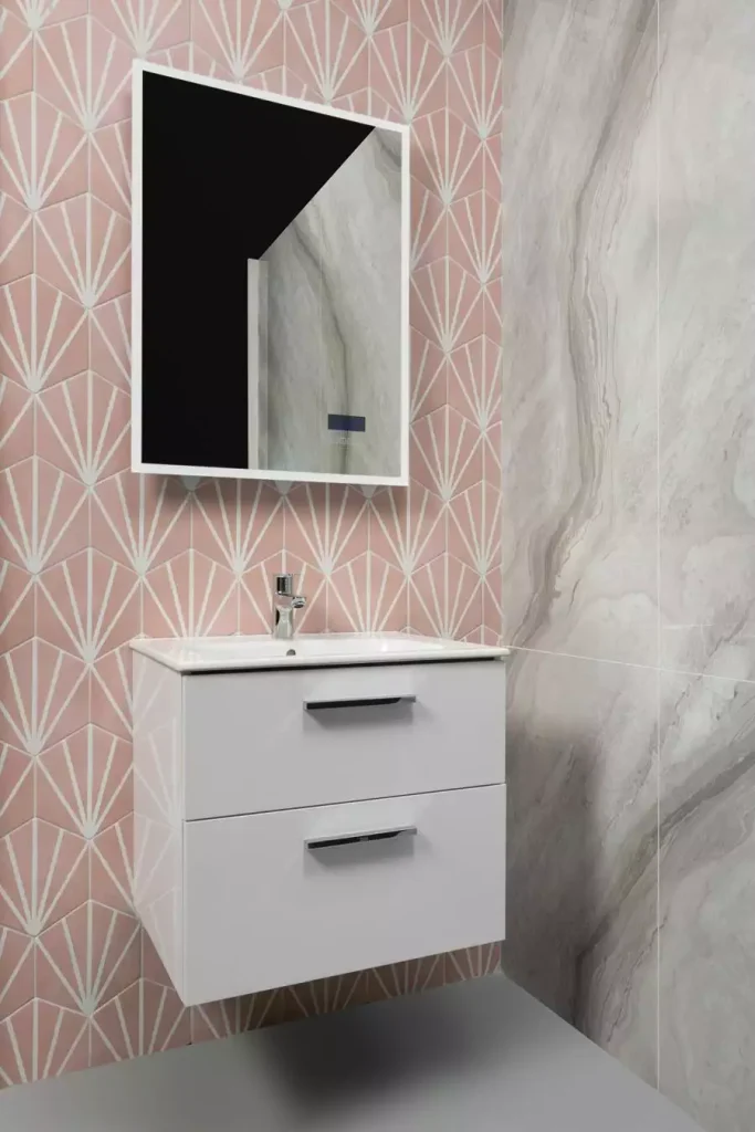 Pink Patterned Wall Decor Tile Bathroom With A Floating White Vanity