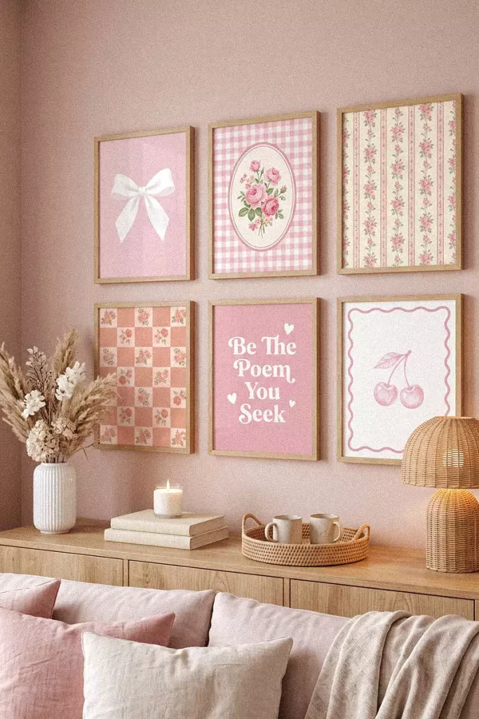 Pink Wall Decor Art Prints With Bow Floral And Cherry Motifs