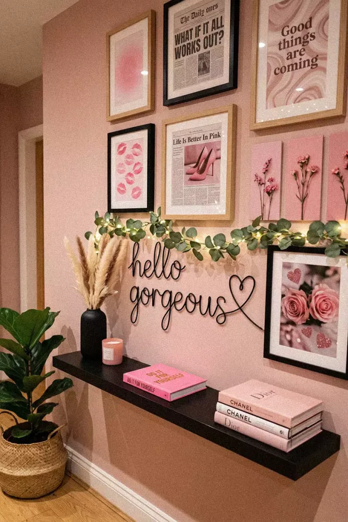 Pink Wall Decor Gallery Frames Above A Floating Shelf With Hello Gorgeous Sign