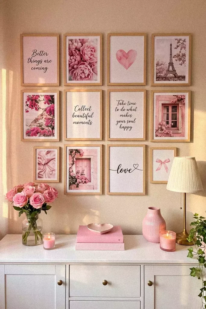 Pink Wall Decor Gallery Frames Above A White Credenza With Fresh Roses