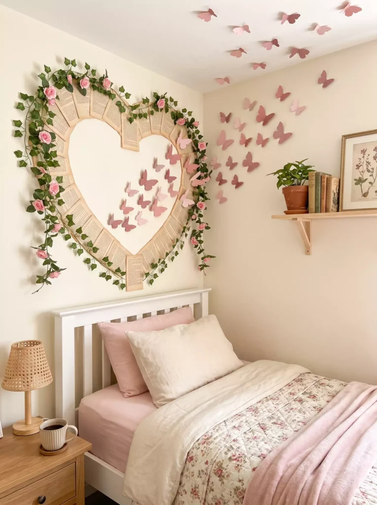 Pink paper butterflies scattering from a floral book-page heart Butterfly Wall