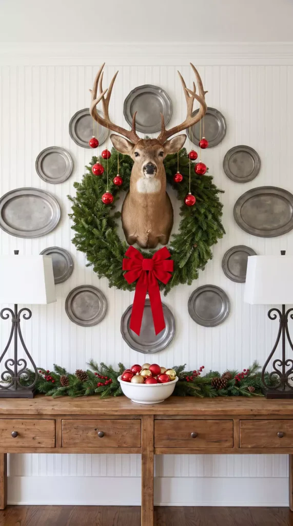Plate wall decor arranged around a mounted deer head with a Christmas wreath and red bow