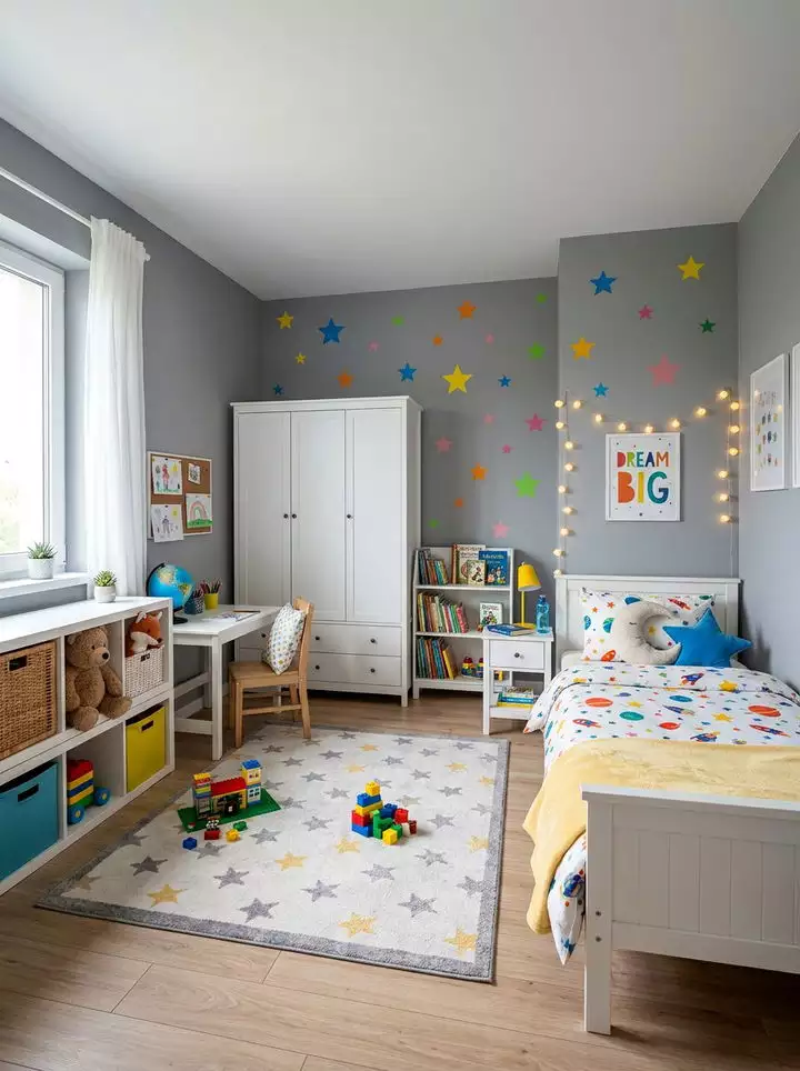 Playful grey bedroom wall with colorful star decals and a "Dream Big" sign