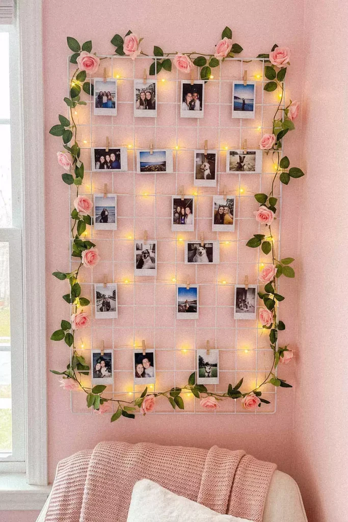 Polaroid Photo Grid Pink Wall Decor With Roses And Fairy Lights