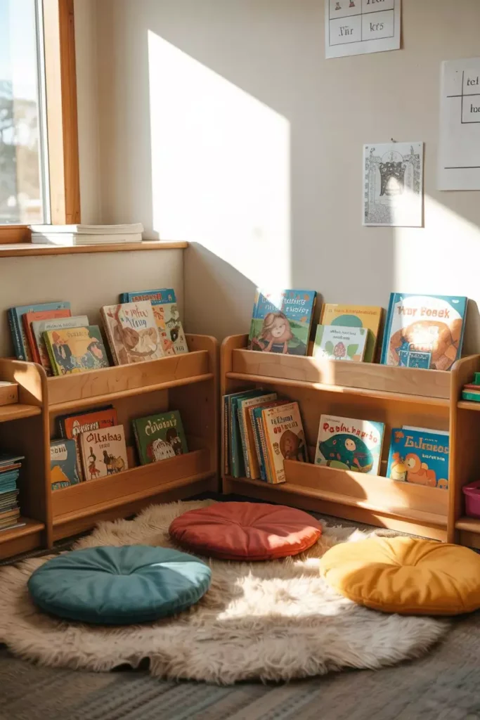 Preschool Classroom Reading Corner With Sunlit Bookshelves And Round Floor Cushions