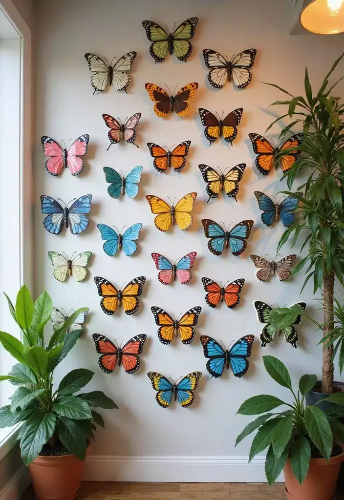 Rainbow-hued Butterfly Wall display flanking two leafy potted plants