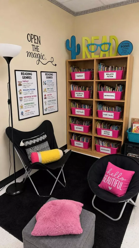 Reading Corner Wall Decor Reading Open The Magic Above Genre Labeled Book Bins