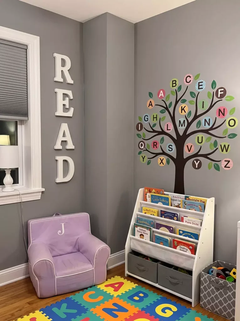 Reading Corner Wall Decor With Large Read Letters And An Alphabet Tree Decal Above A Childs Chair