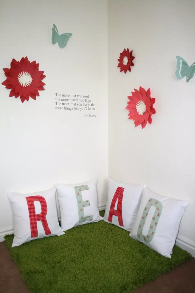 Reading Corner Wall Decor With Paper Flowers Butterflies And Read Throw Pillows