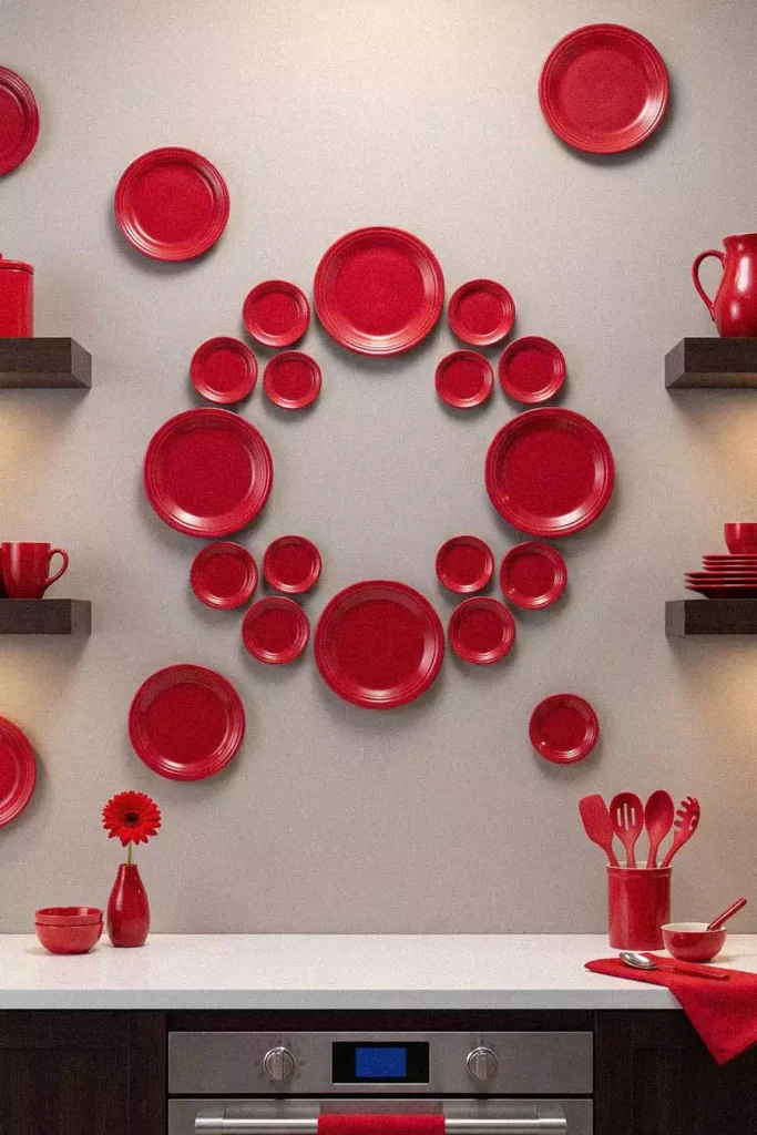 Red Ceramic Plates Arranged In A Circle Make Bold Kitchen Wall Decor Above A Red Accented Counter