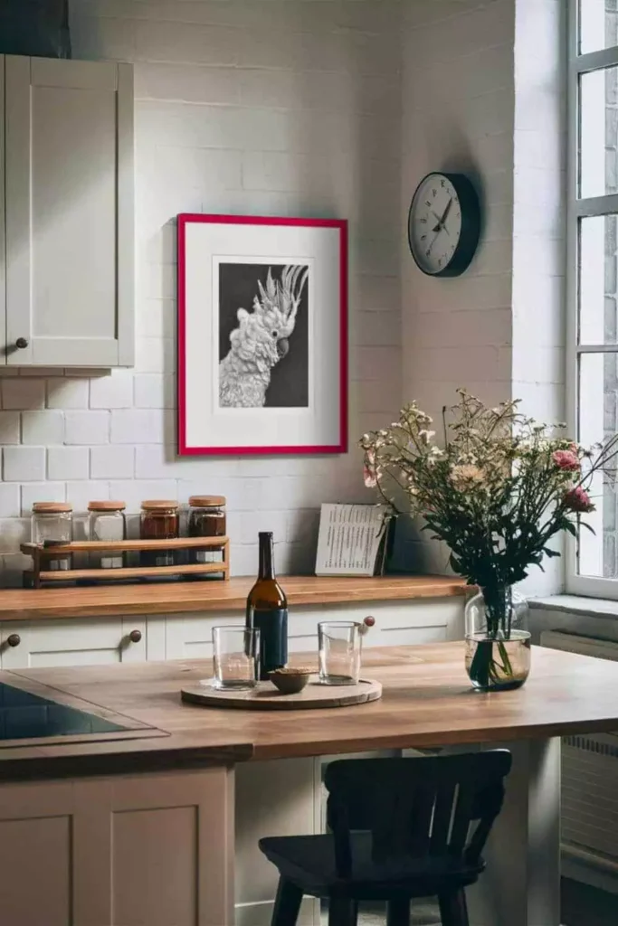 Red framed cockatoo print on a white brick kitchen wall