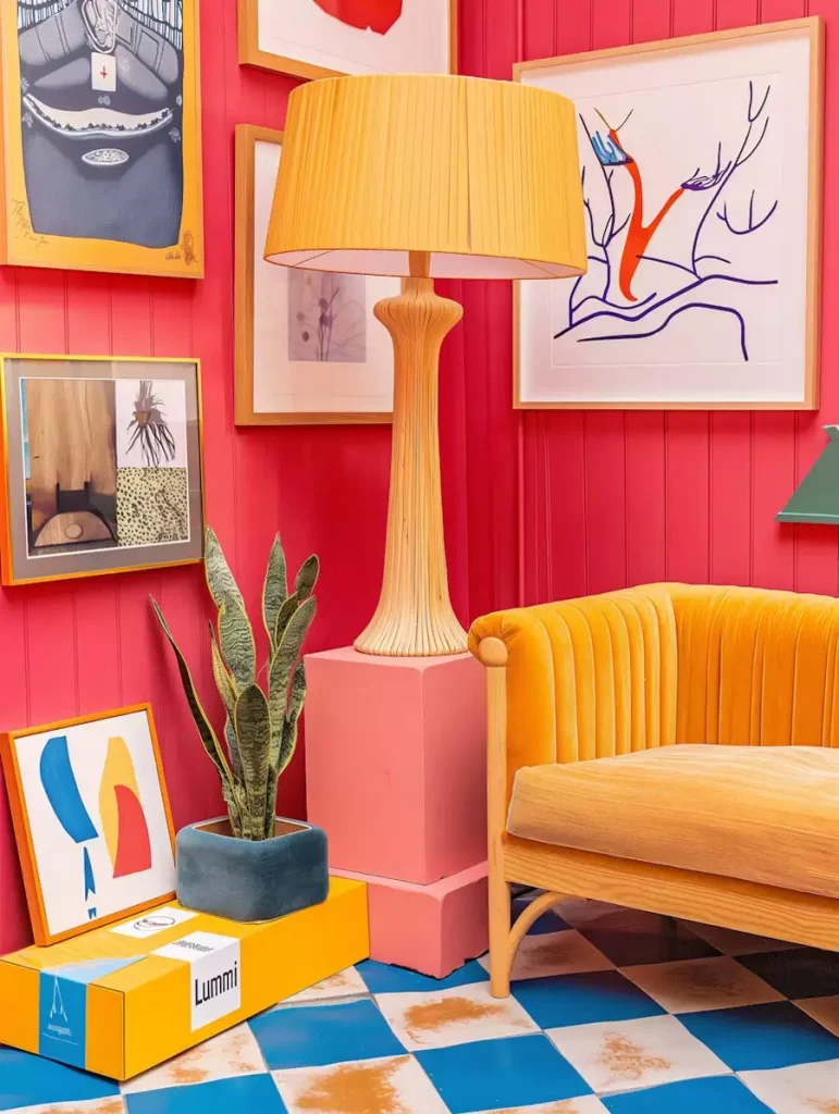 Retro Gallery Wall Decor In A Red Living Room With A Mustard Sofa