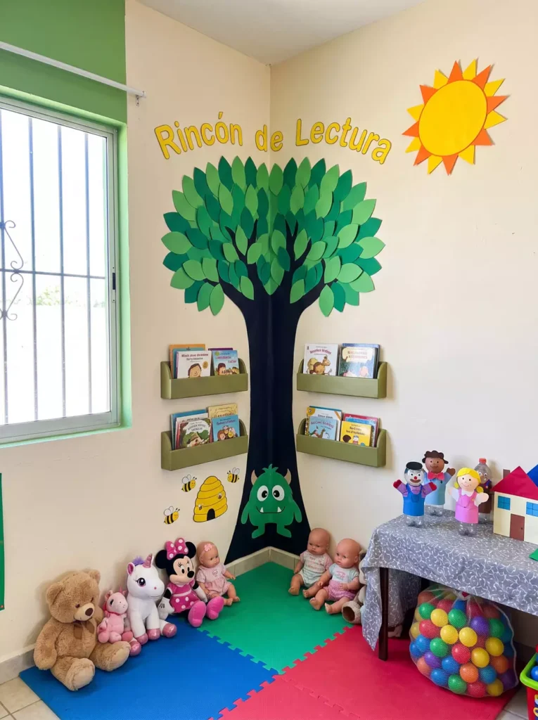 Rincon De Lectura Reading Corner Display With A Green Paper Tree And Stuffed Animals