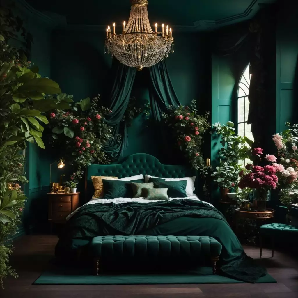 Romantic emerald green walls in a velvet bedroom with chandelier and rose canopy
