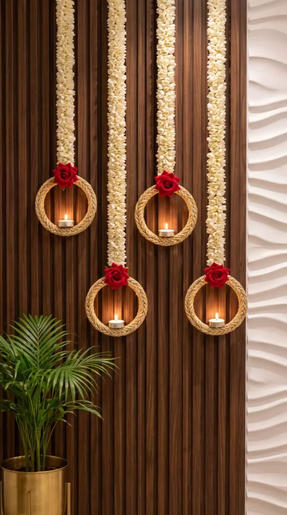 Rope ring candle holders with roses, warm Diwali wall decor on a wood-paneled wall