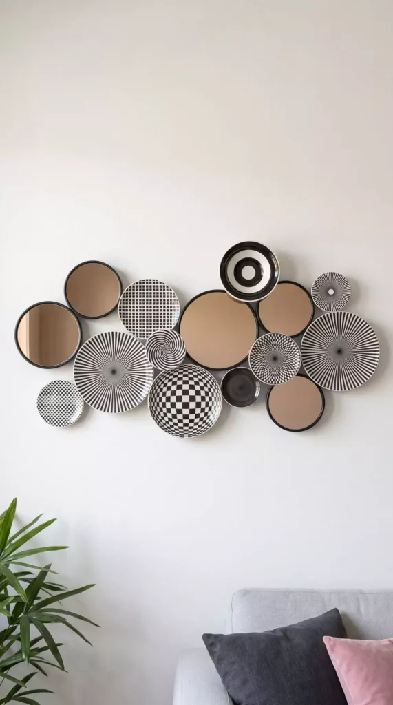 Round mirror and patterned disc wall decor in black, white, and blush tones above a sofa