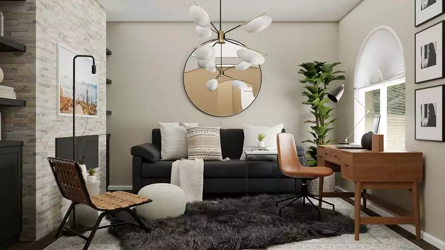 Round Mirror And Pendant Light Large Wall Decor For A Living Room Stone Wall