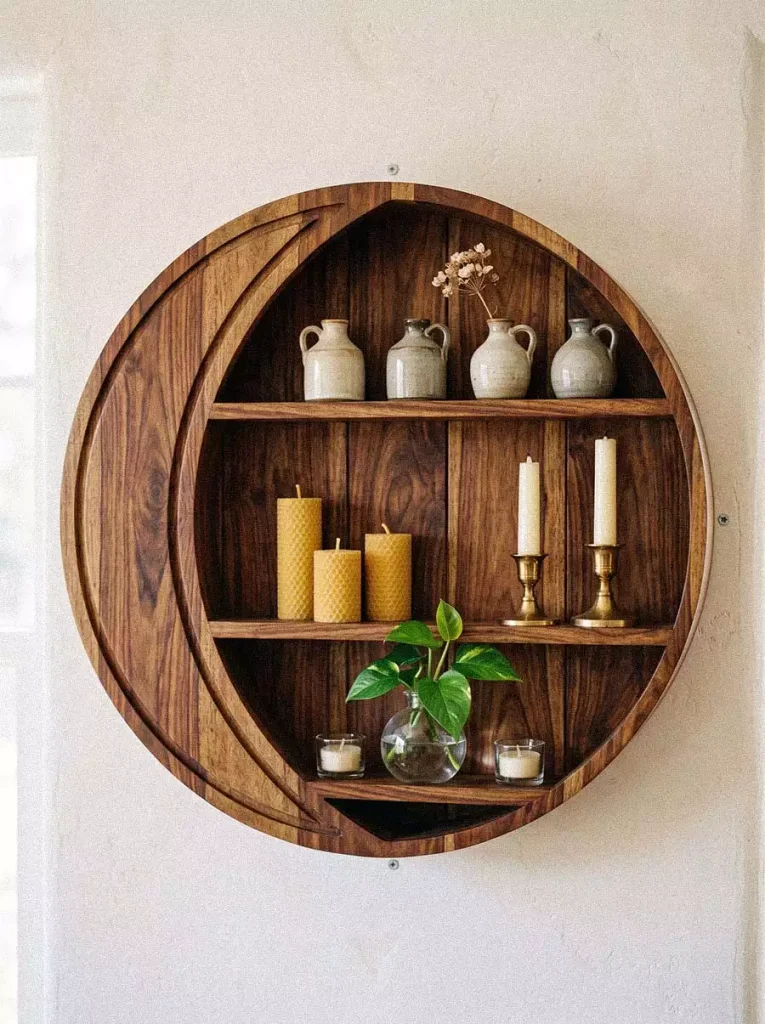 Round Wooden Wall Shelf Decor Displaying Pottery And Candles
