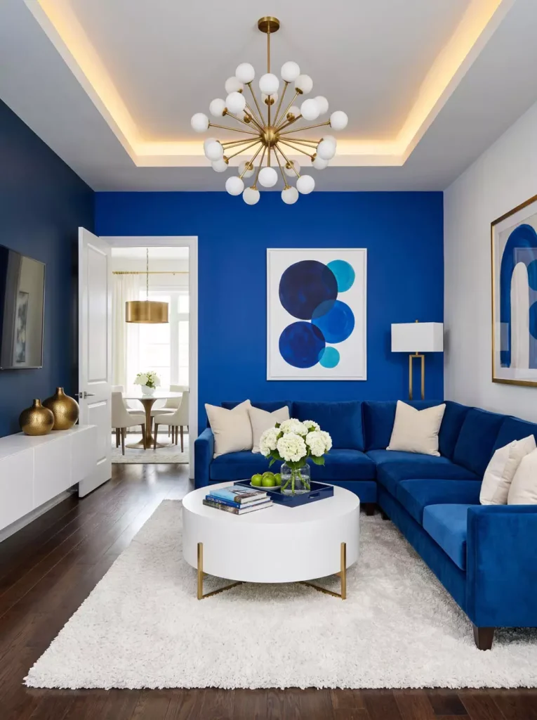Royal Blue Accent Wall Living Room With A Velvet Sectional