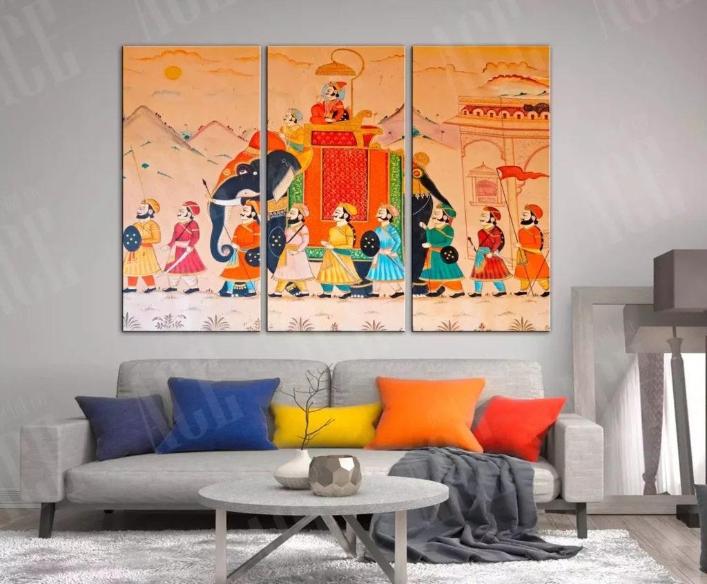 Royal Mughal procession triptych, Indian wall decor canvas set above a grey living room sofa