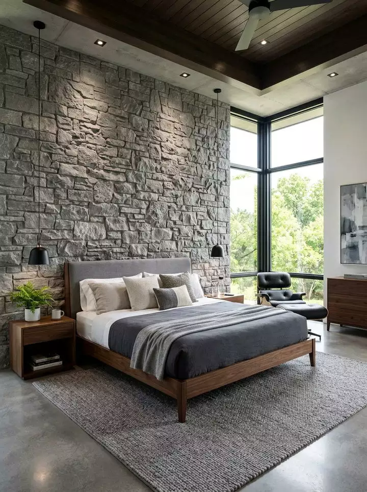 Rugged grey stone accent bedroom wall with floor-to-ceiling windows and walnut bed frame