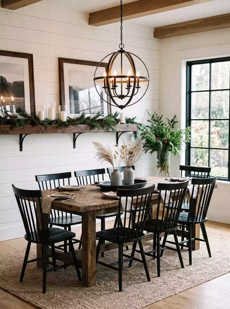 Rustic Dining Wall Decor with oversized framed prints on a wood ledge shelf against white shiplap above a farmhouse table