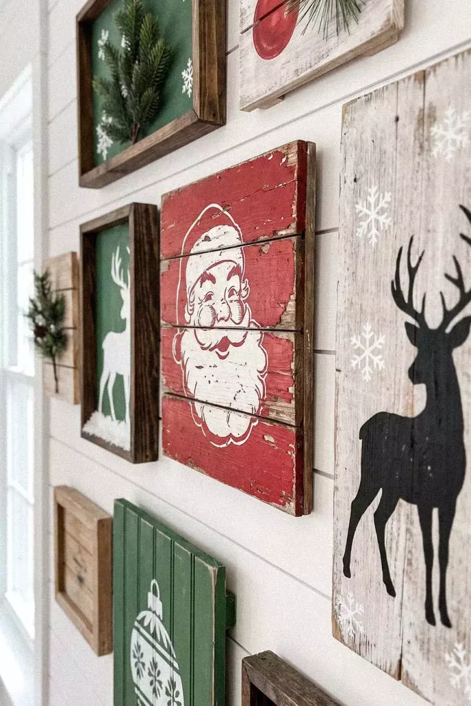 Rustic Wood Christmas Wall Signs Featuring Santa, A Reindeer, And Snowflake Designs On Shiplap