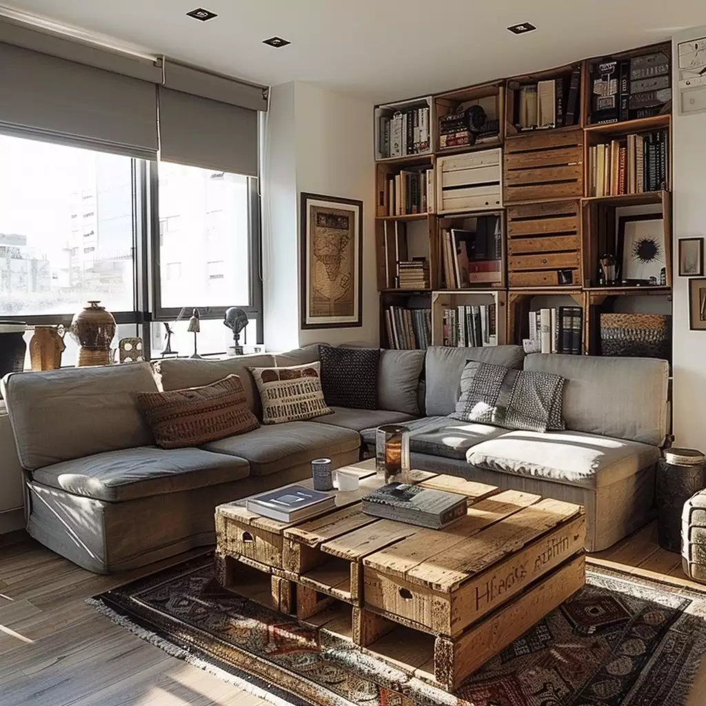 Rustic living room corner decor with pallet wood bookshelves gray sectional and jute rug
