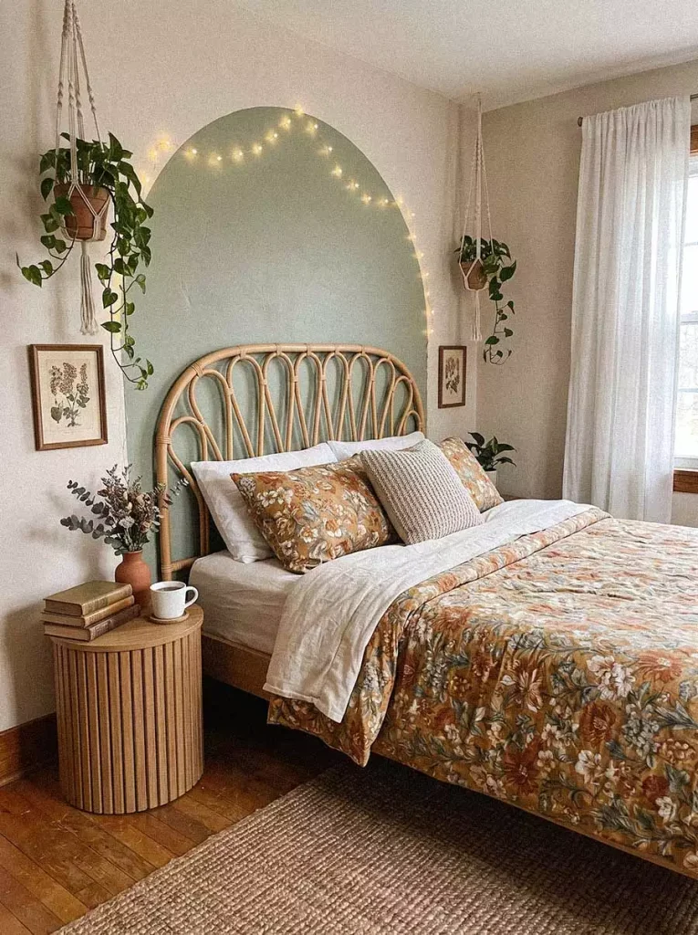 Sage Green Alcove With Rattan Headboard And String Lights