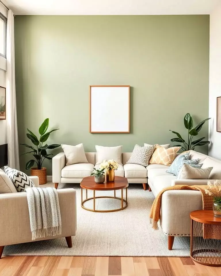 Sage green wall living room with a cream sectional and a round wood coffee table