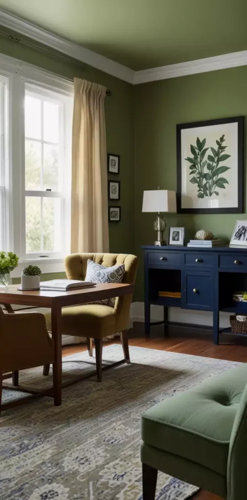 Sage green wall office paired with a navy blue console and framed botanicals
