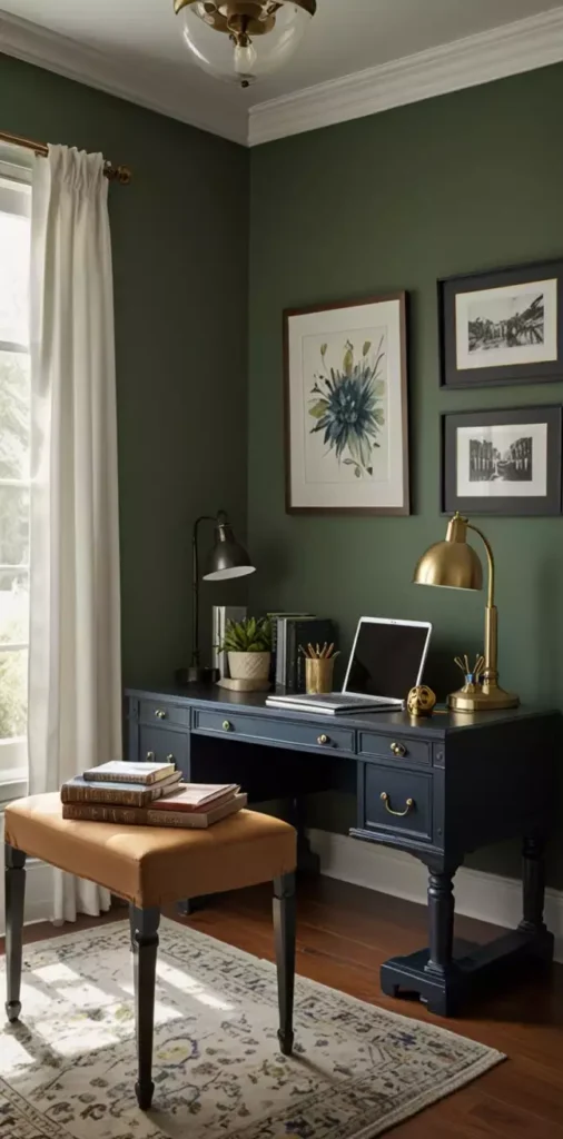 Sage green wall office with a navy blue desk and brass desk lamp