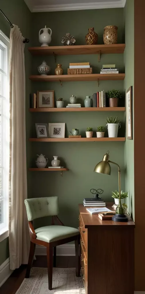Sage green wall office with floating shelves styled in vases and greenery