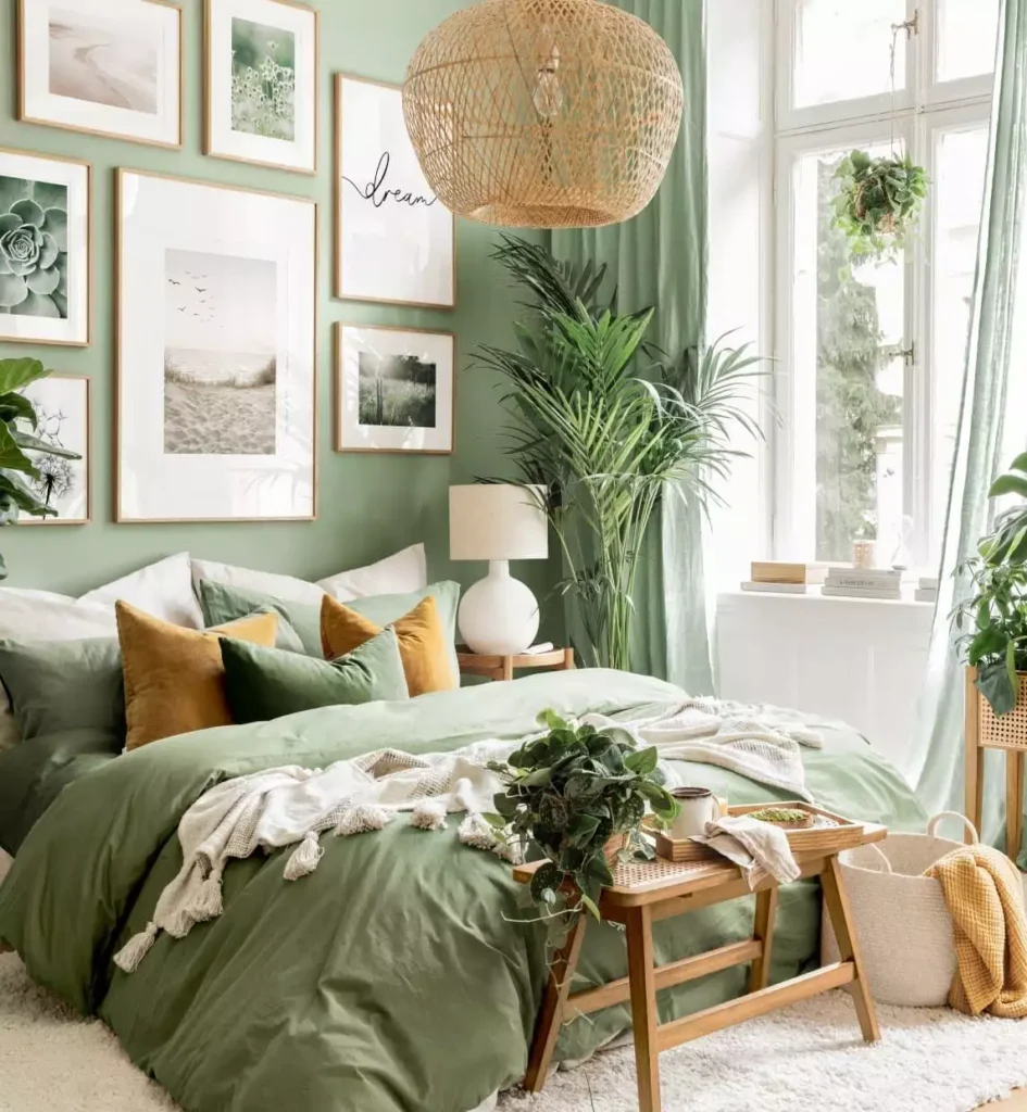 Sage green walls in a bedroom with a gallery wall, mustard pillows, and a rattan pendant