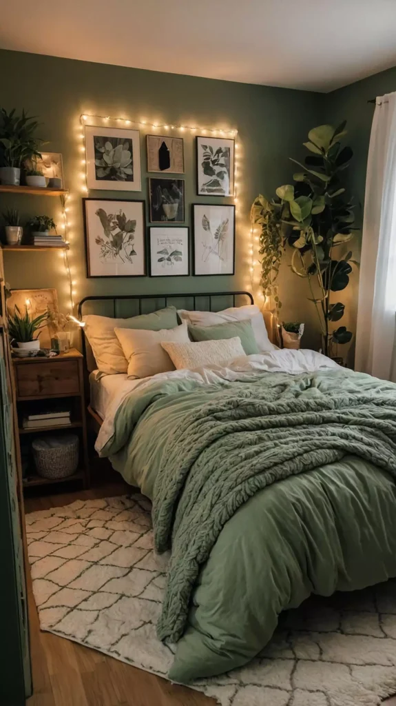 Sage green walls in a cozy bedroom with fairy lights and a chunky knit blanket