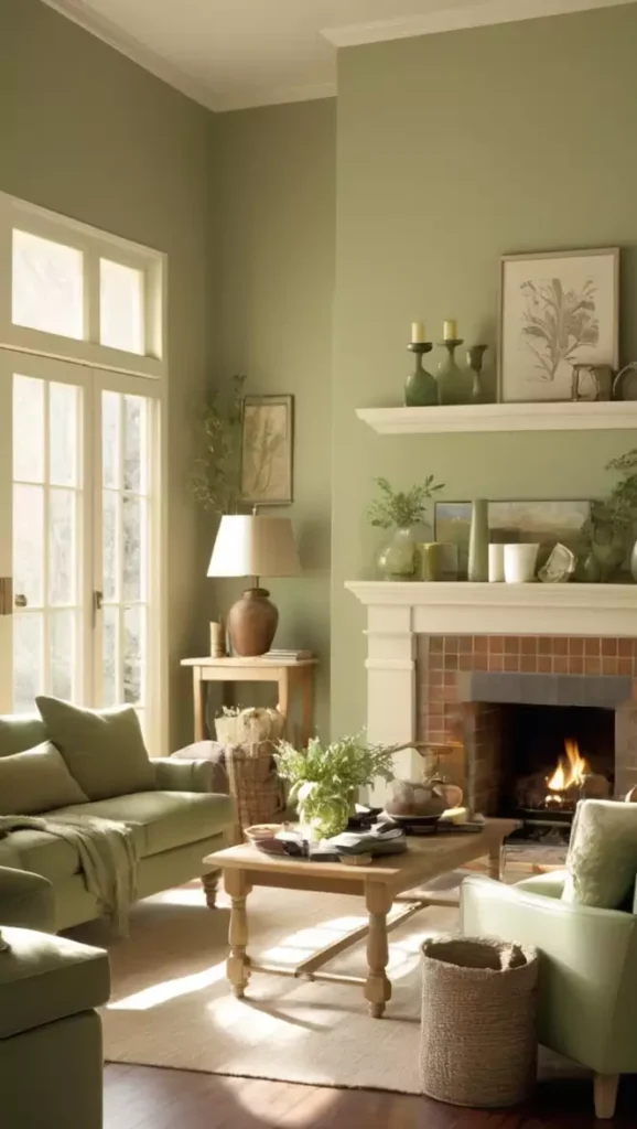 Sage green walls in a fireplace living room with oak table and French doors